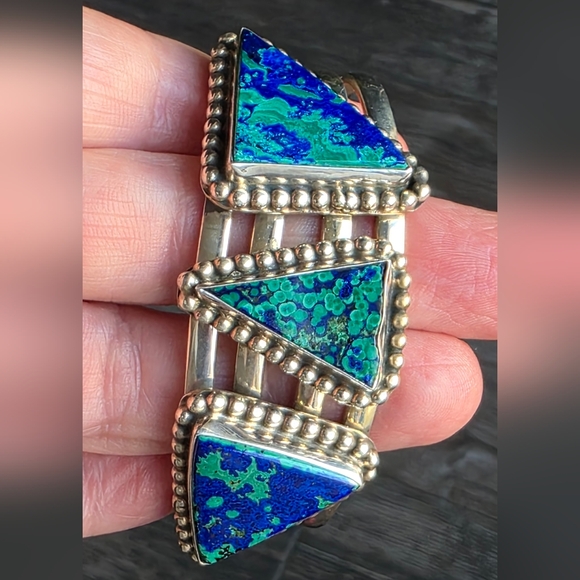 Sterling Silver Navajo Cuff Bracelet & Ring Set Signed Azurite Stones - Picture 6 of 16